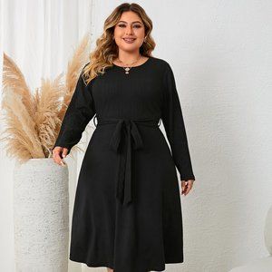 Plus Size Tie Waist Long Sleeve Dress